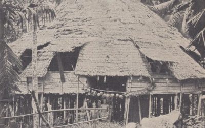 001239 Borneo, West Kalimantan, photograph of Land Dayak community house with skulls in front