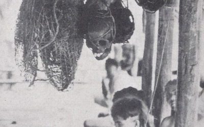 001241 Borneo, Sarawak, photograph of a Kayan Dayak longhouse corridor with smoked heads