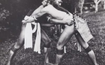 001248 Borneo, Sarawak, photograph of two Iban Dayak male wrestlers