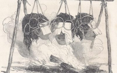 001249 Borneo, wood engraving of three Dayak heads suspending above fire