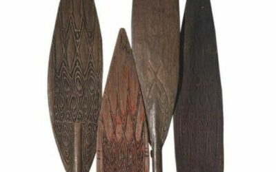 001458 Papua, Cenderawasih Bay, Lake Sentani, four paddles