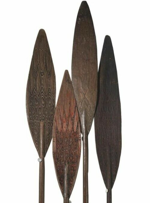 001458 Papua, Cenderawasih Bay, Lake Sentani, four paddles